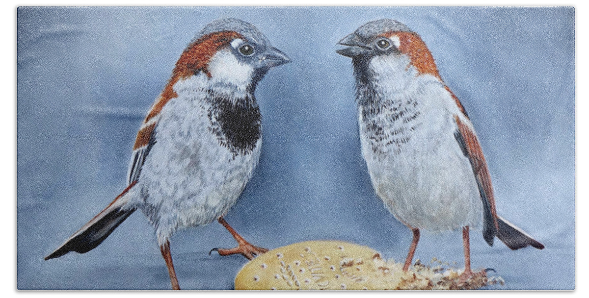 House Sparrows Bath Towel featuring the painting The Gossip by Gordon Palmer