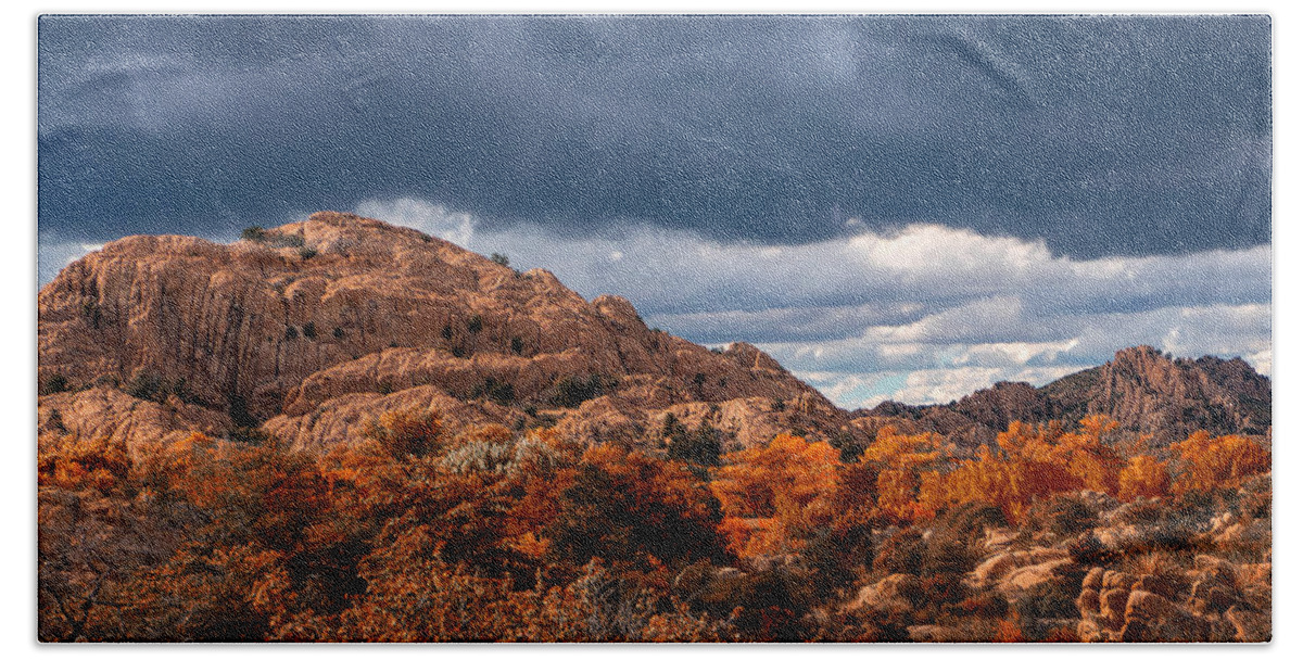 Fall Colors Granite Dells Boulders Water Lake Revivor Fstop101 Prescott Arizona Red Blue Colorful Rock Dark Clouds Summer Monsoon Storm Bath Towel featuring the photograph The Granite Dells Bathed in Fall Colors by Geno