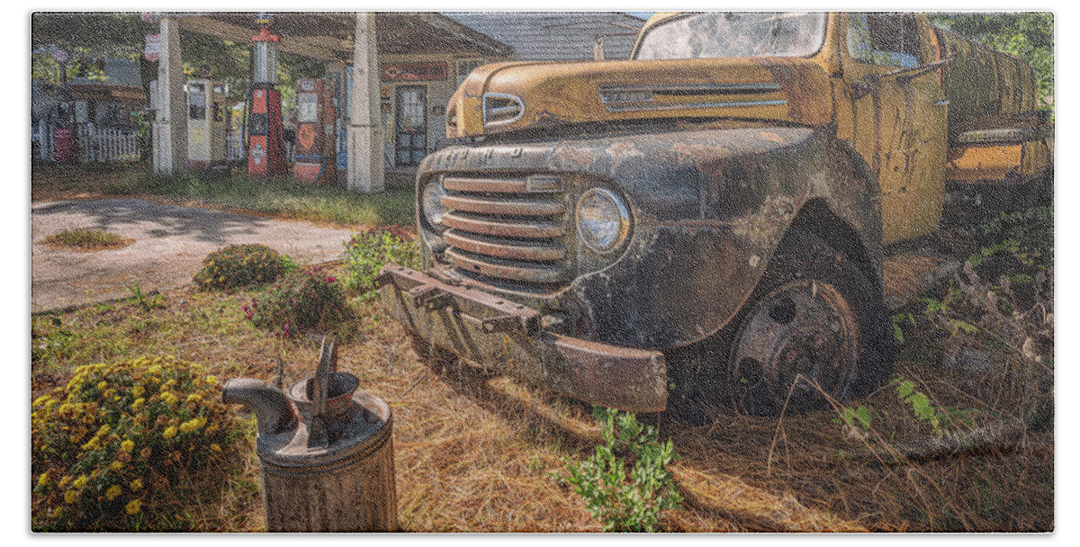 Old Ford Trucks Hand Towel featuring the photograph The Great Filling Station by Darren White