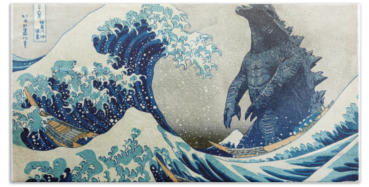 Scifi Hand Towel featuring the digital art The Great Wave with monster by Andrea Gatti