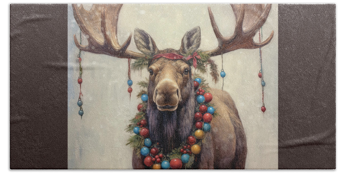 Moose Bath Towel featuring the painting The Happy Christmas Moose by Tina LeCour