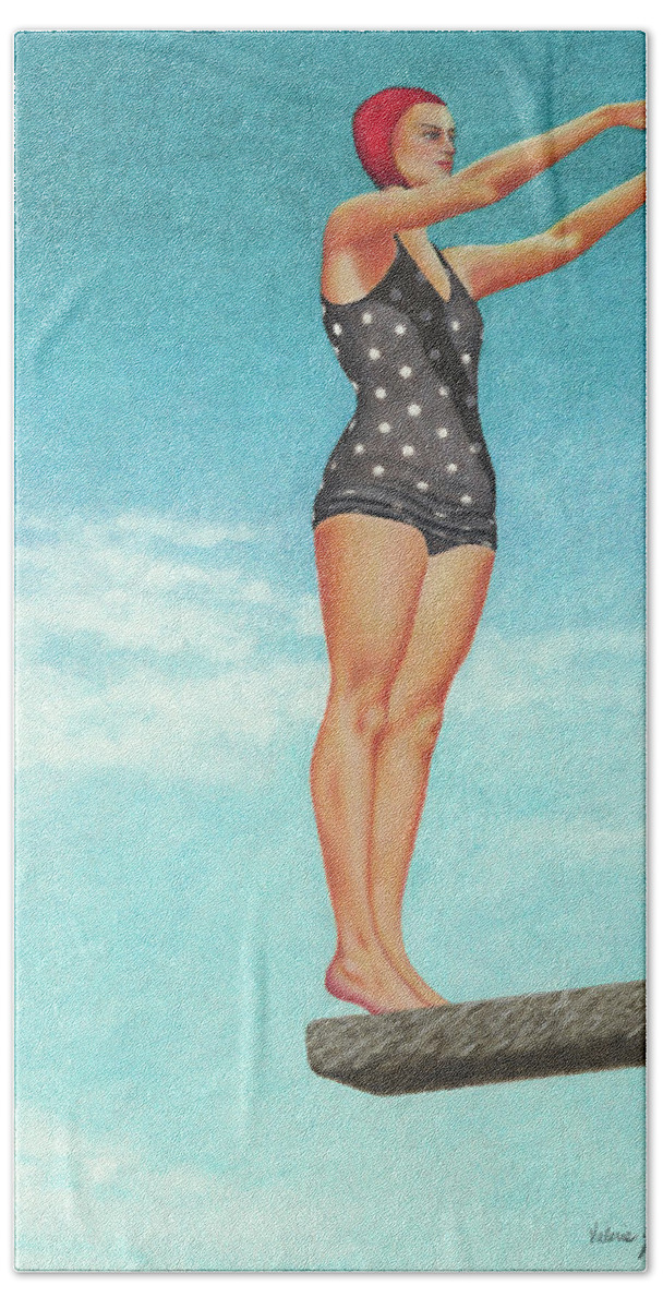 High Dive; Diving Board; Vintage Bathing Beauties; Red Swim Cap; Diving Competitions; Vintage Bathing Suits; Swimming; Polka Dot Swim Suit Bath Towel featuring the painting The High Dive by Valerie Evans