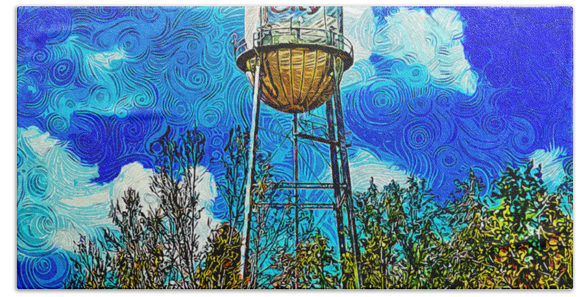 Water Tower Bath Towel featuring the digital art The iconic water tower in Yuba City, California - impressionist painting by Nicko Prints