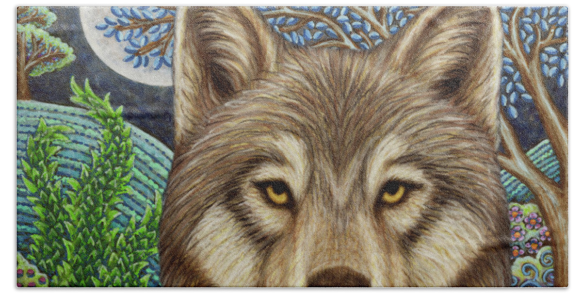 Wolf Bath Towel featuring the painting The Kazakh Wolf Moon by Amy E Fraser