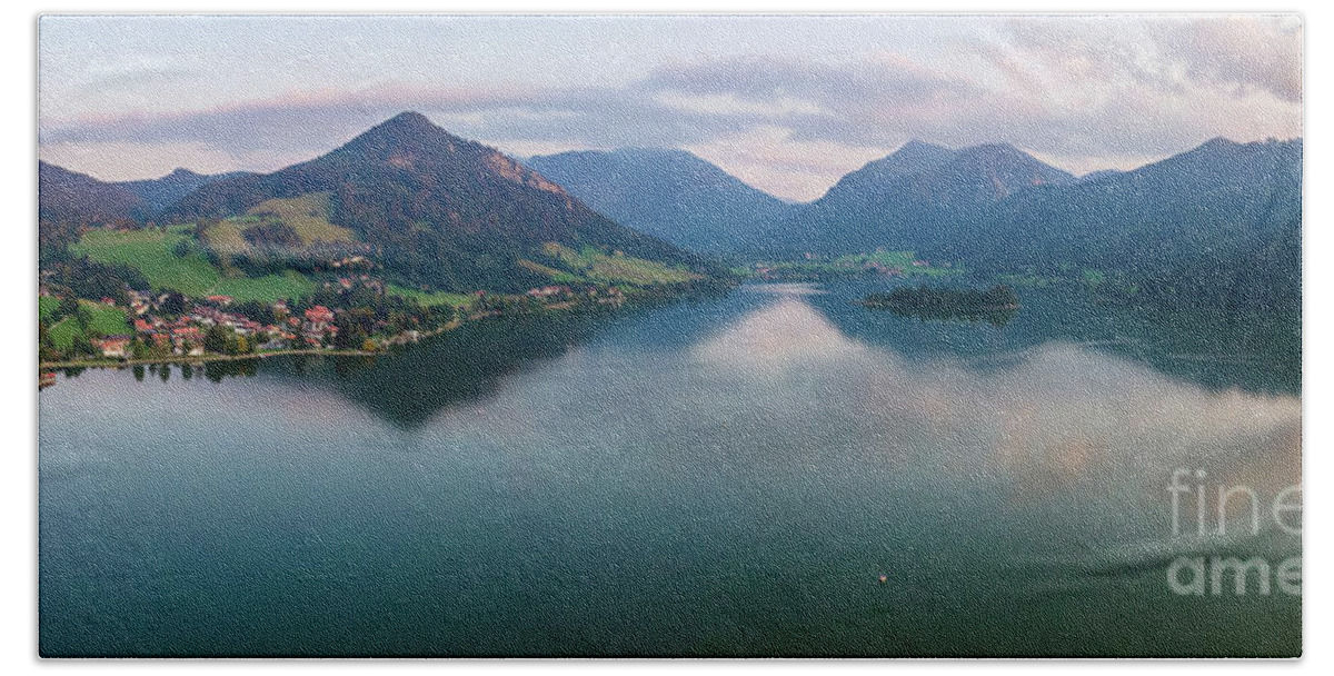 Alps Hand Towel featuring the photograph The lake and the Alps by Hannes Cmarits