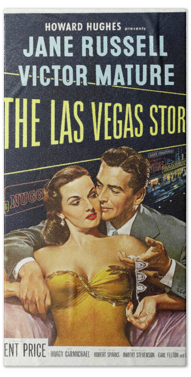 Las Bath Towel featuring the mixed media ''The Las Vegas Story'', with Jane Russell and Victor Mature, 1952 by Movie World Posters