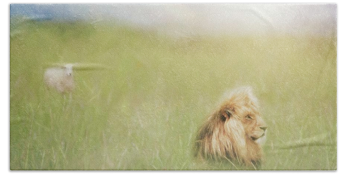 Rainbow Hand Towel featuring the photograph The Lion, The Lamb, and Rainbow by Marjorie Whitley