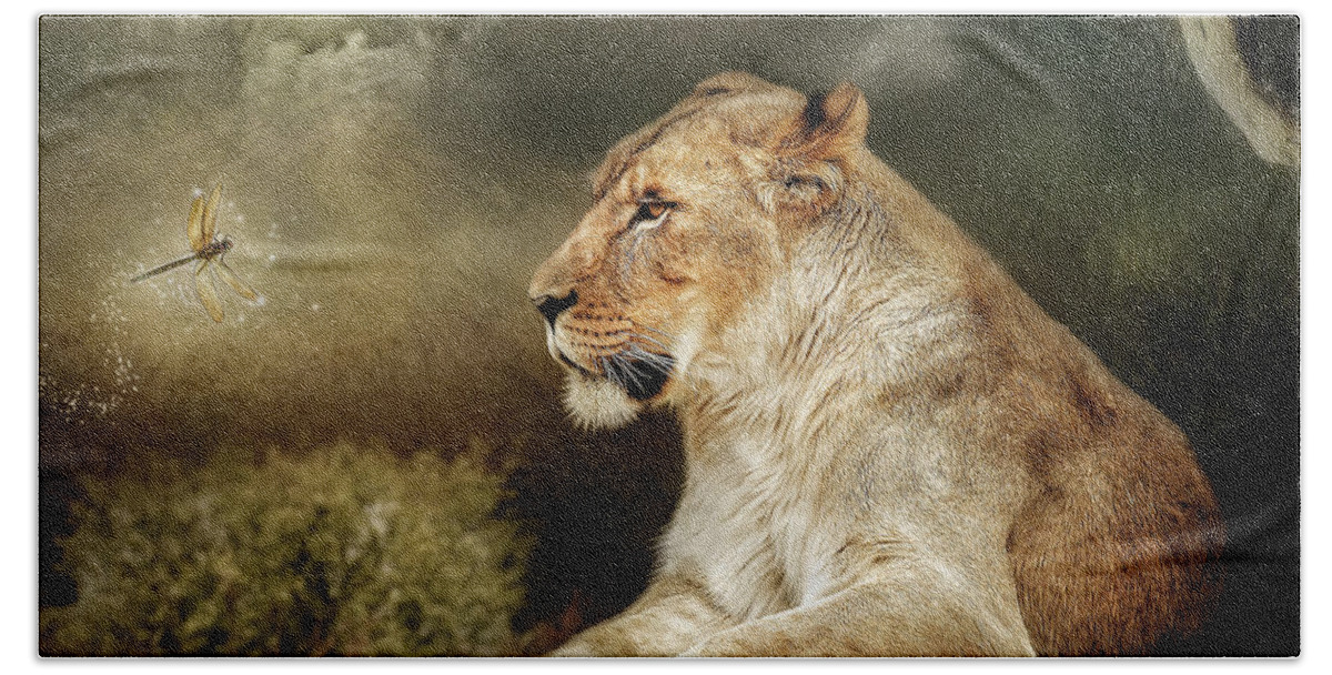 Lioness Hand Towel featuring the digital art The Lioness by Maggy Pease