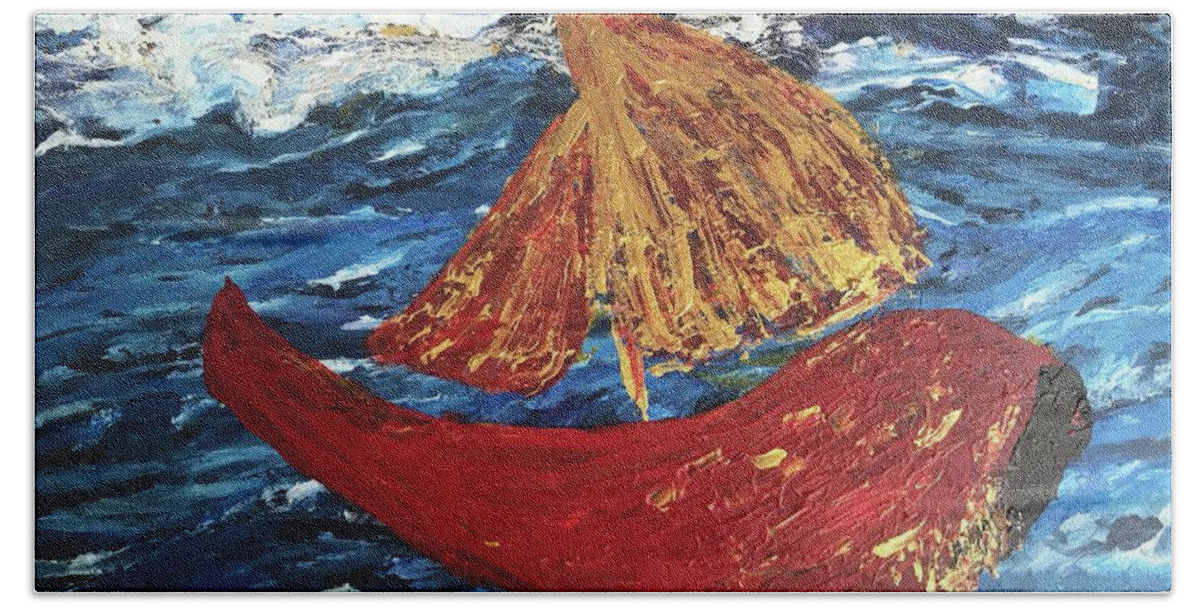 Red Boat Hand Towel featuring the painting The Little Red. Boat by Medge Jaspan