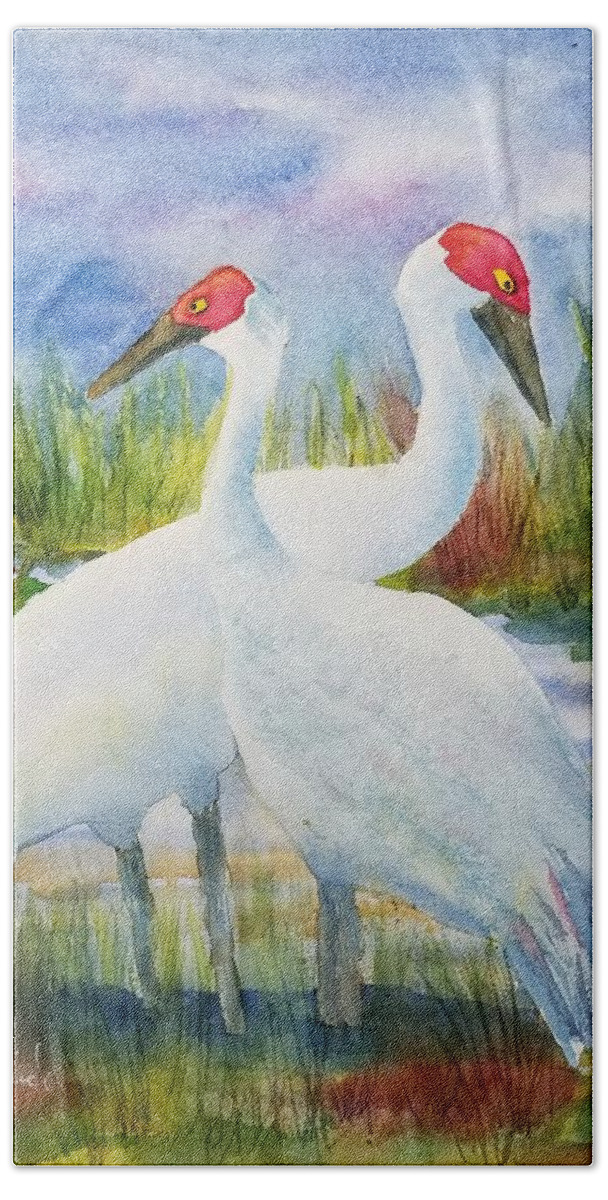 Sandhill Cranes Bath Towel featuring the painting The Locals by Ann Frederick
