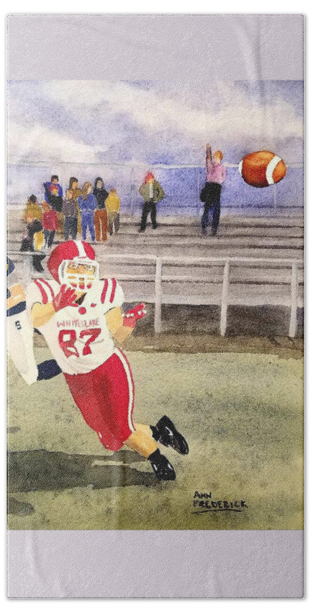 Football Hand Towel featuring the painting The Lucas Catch by Ann Frederick