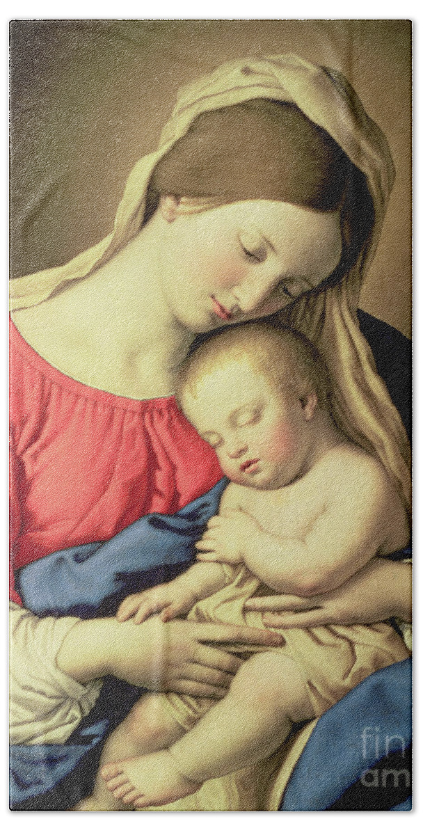 Madonna Hand Towel featuring the painting The Madonna and Child by Il Sassoferrato Giovanni Battista Salvi by Il Sassoferrato Giovanni Battista Salvi