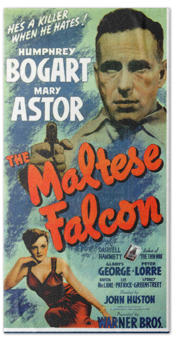Maltese Hand Towel featuring the mixed media ''The Maltese Falcon'' movie poster 1941 by Movie World Posters