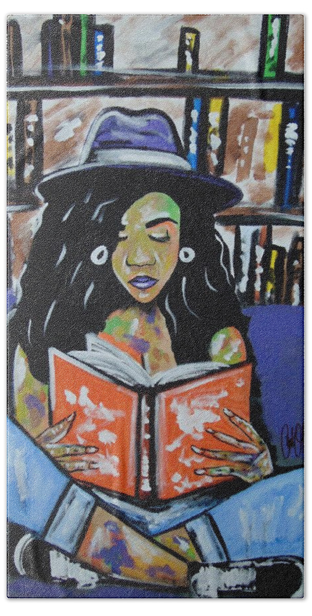 Woman Reading Bath Towel featuring the painting The Melanin Reader by Antonio Moore