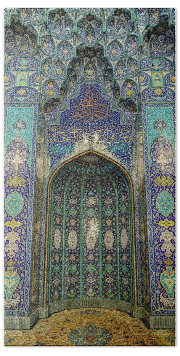 Arabian Bath Towel featuring the photograph The mihrab at the Grand Mosque in Muscat by Alexey Stiop