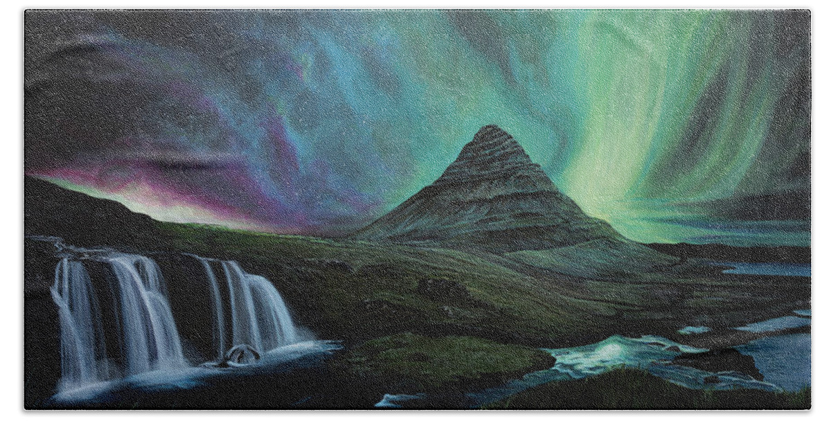 Northern Lights Hand Towel featuring the painting The Northern Lights by Rachel Emmett