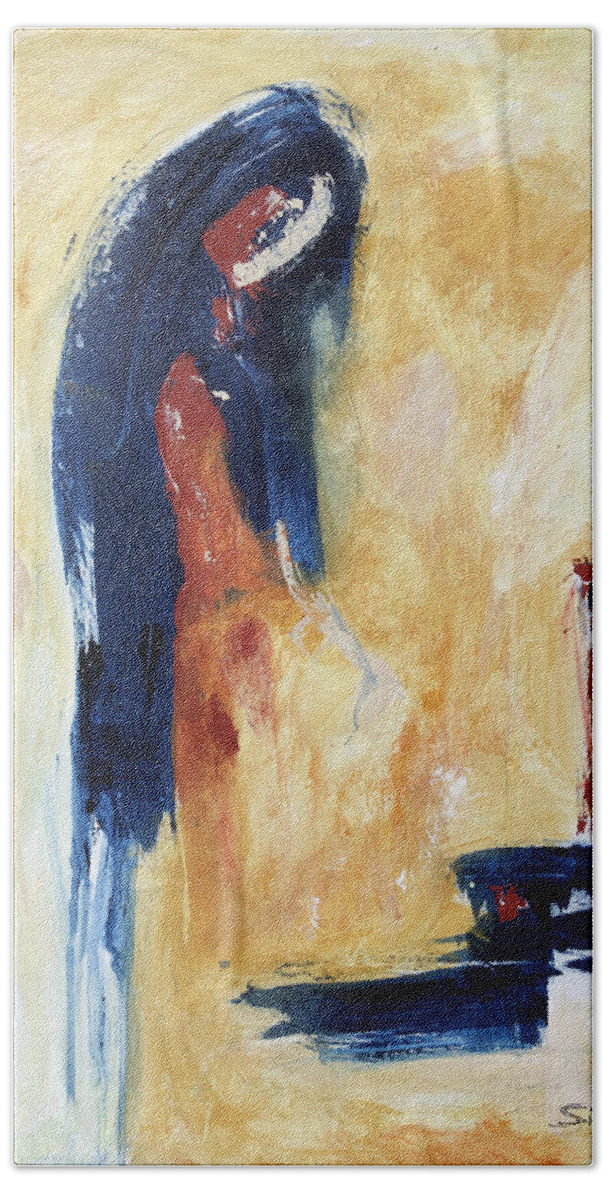 Abstract Hand Towel featuring the painting The Offering by Sharon Sieben