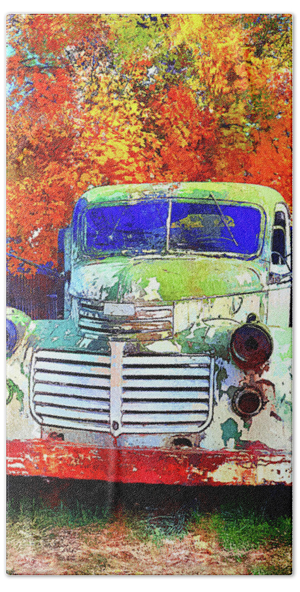 Truck Bath Towel featuring the mixed media The old blind truck by Tatiana Travelways
