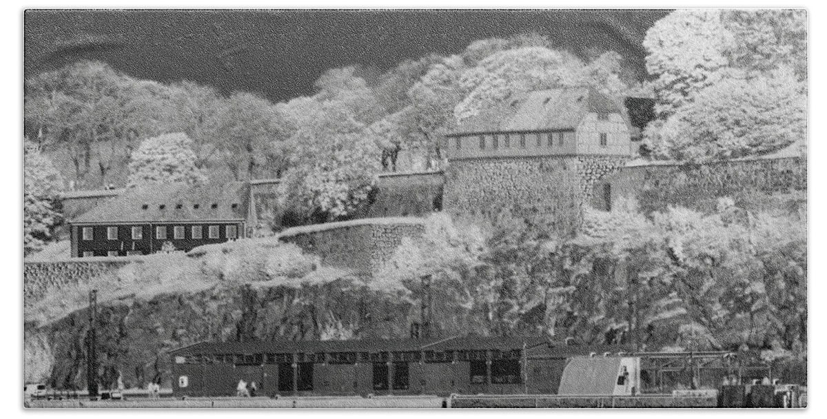 Old Hand Towel featuring the photograph The old town of Oslo from the sea in infrared black and white by Maria Dimitrova