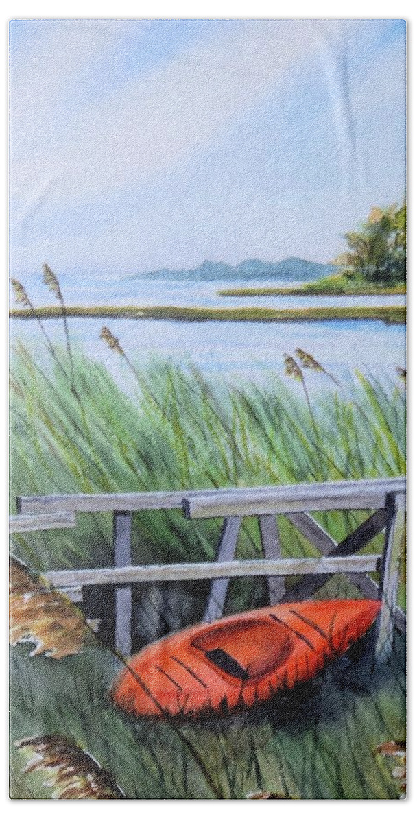 Kayak Hand Towel featuring the painting The Orange Kayak by Joseph Burger