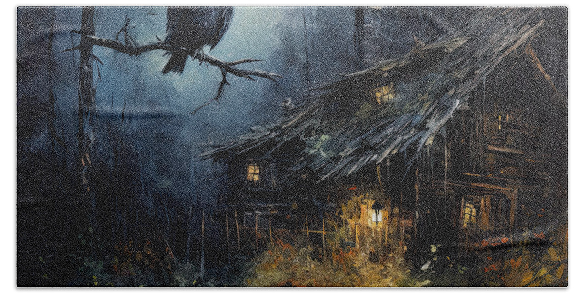 Haunted Barn Hand Towel featuring the painting The Owl's Warning by Lourry Legarde