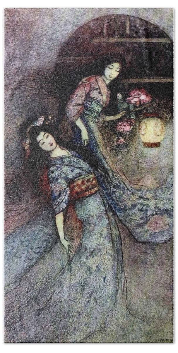 “warwick Goble” Bath Towel featuring the digital art The Peony Lantern by Patricia Keith