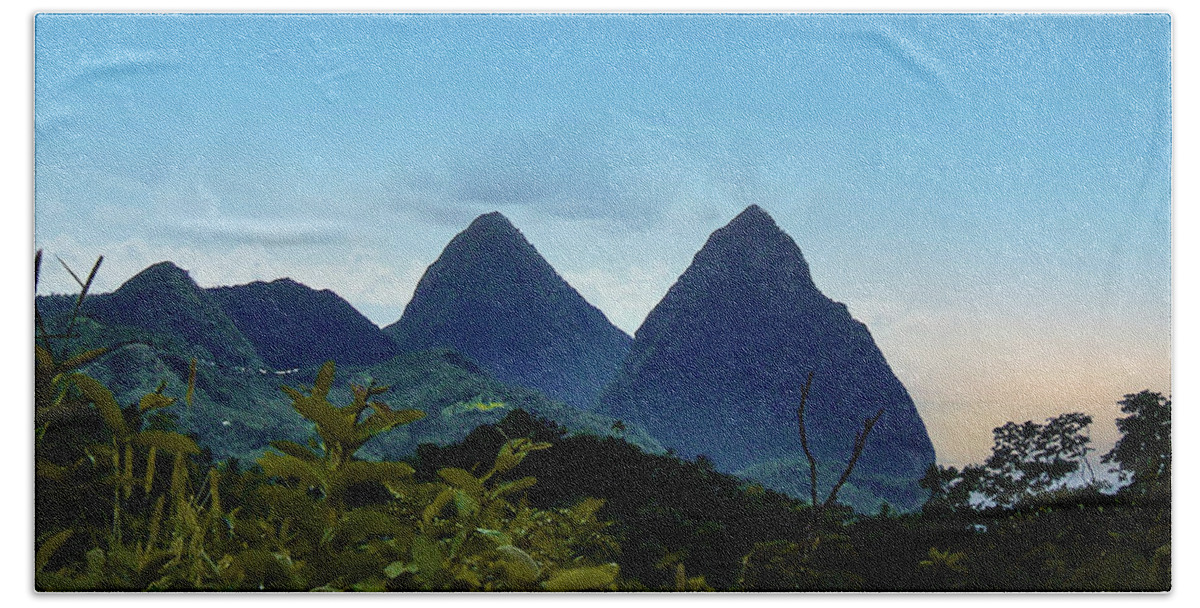 The Piton Twins Bath Towel featuring the mixed media The Peton Mountains St. Lucia by Pheasant Run Gallery