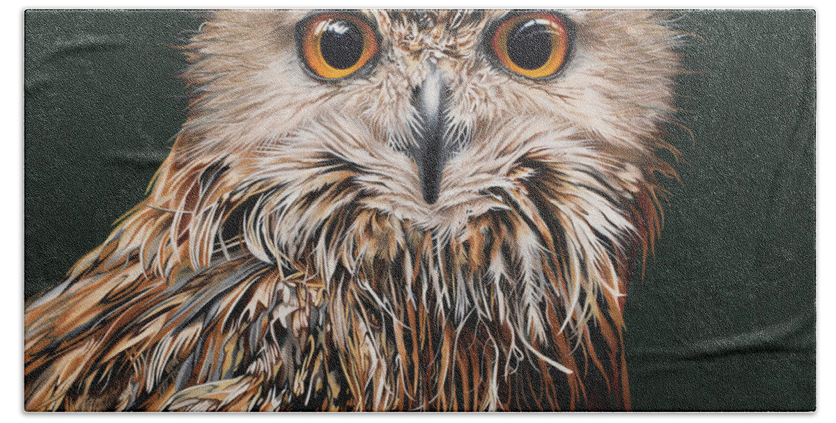 Nikita Coulombe Hand Towel featuring the painting The Philosopher - Eagle Owl by Nikita Coulombe