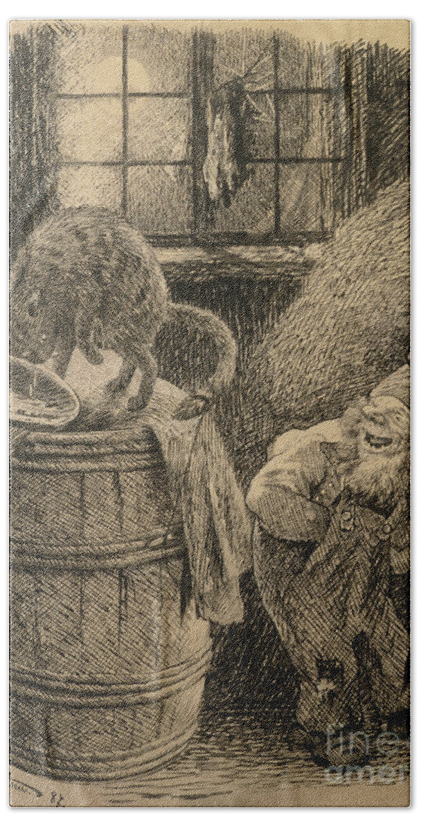 Theodor Kittelsen Bath Towel featuring the drawing The pixie stands and laughs malicious of the cat that is standing on a barrel and has been cheated by O Vaering by Theodor Kittelsen