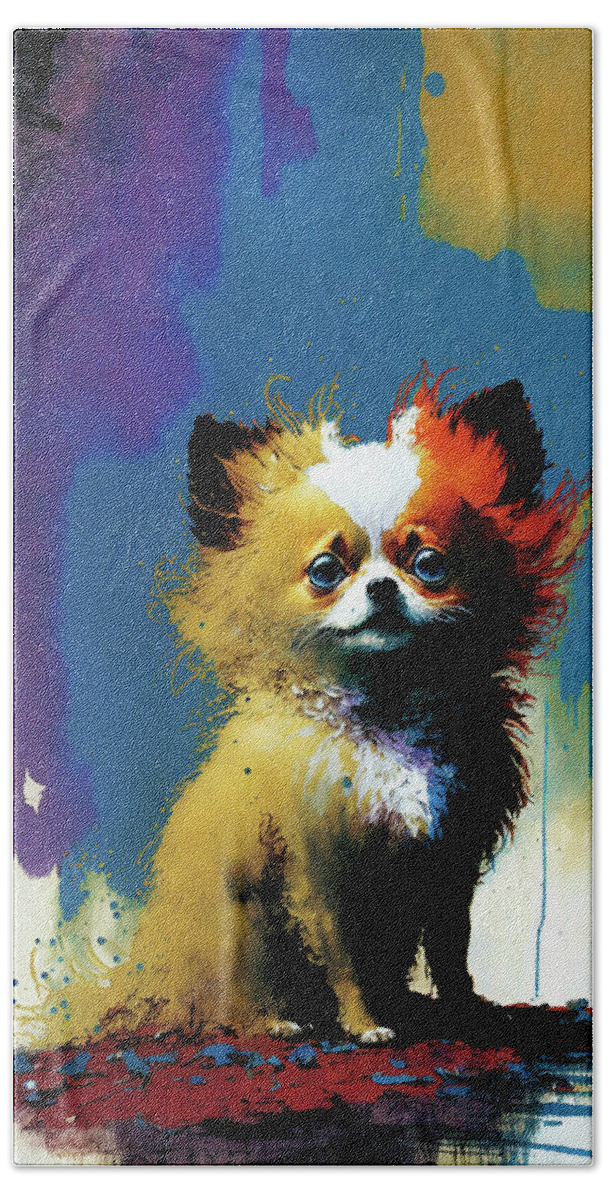 Pomeranian Hand Towel featuring the painting The Pomeranian Dog - Composition 010 by Aryu