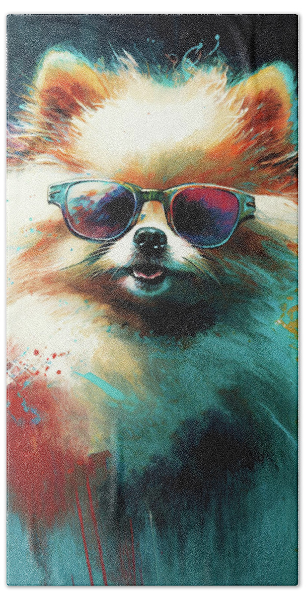 Pomeranian Hand Towel featuring the painting The Pomeranian Dog With Sunglasses - Composition 006 by Aryu