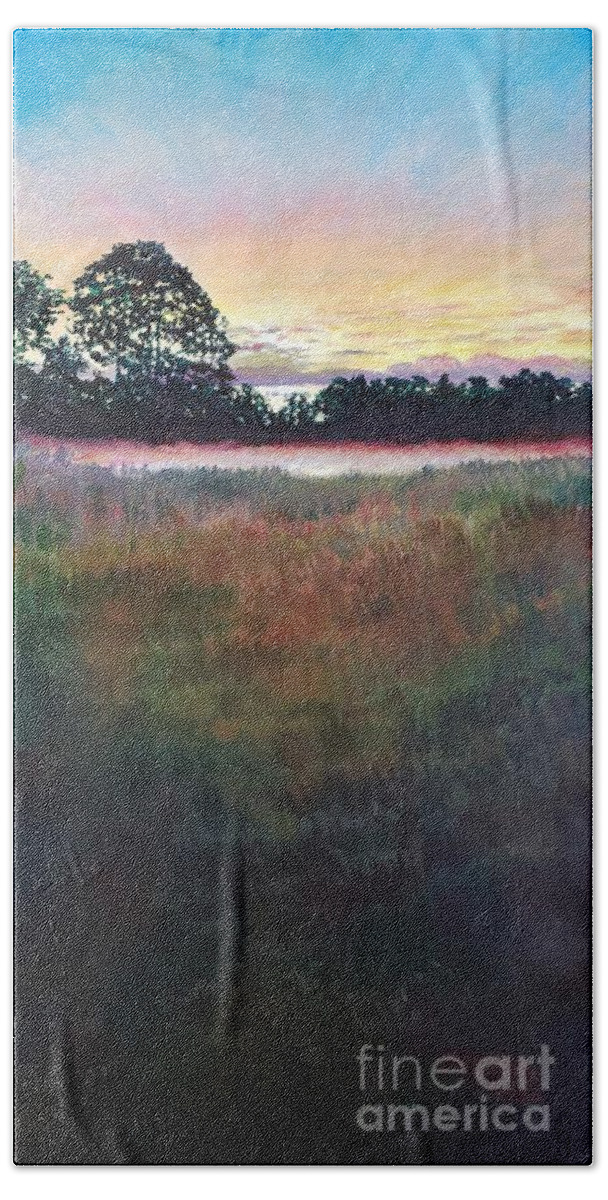 Pond Bath Towel featuring the painting The Pond at Dawn by Merana Cadorette