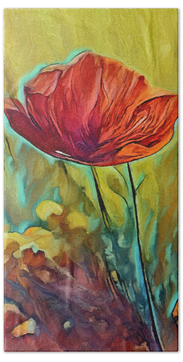 Poppy Hand Towel featuring the mixed media The Poppy Song by Ann Leech