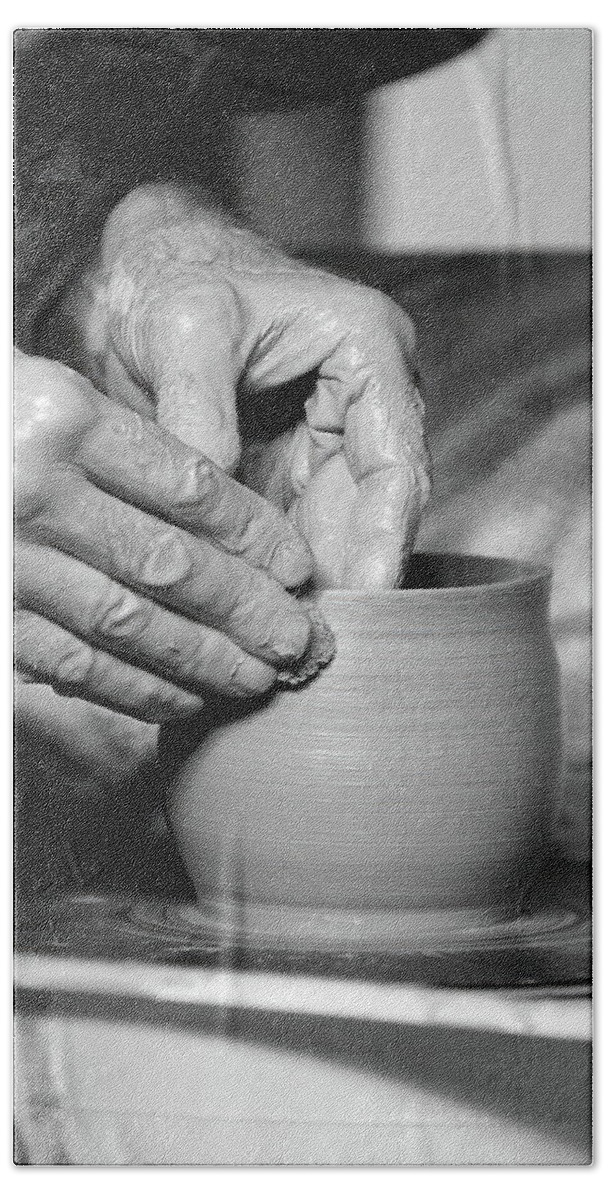 Ceramic Bath Towel featuring the photograph The Potter's Hands bw by Lens Art Photography By Larry Trager