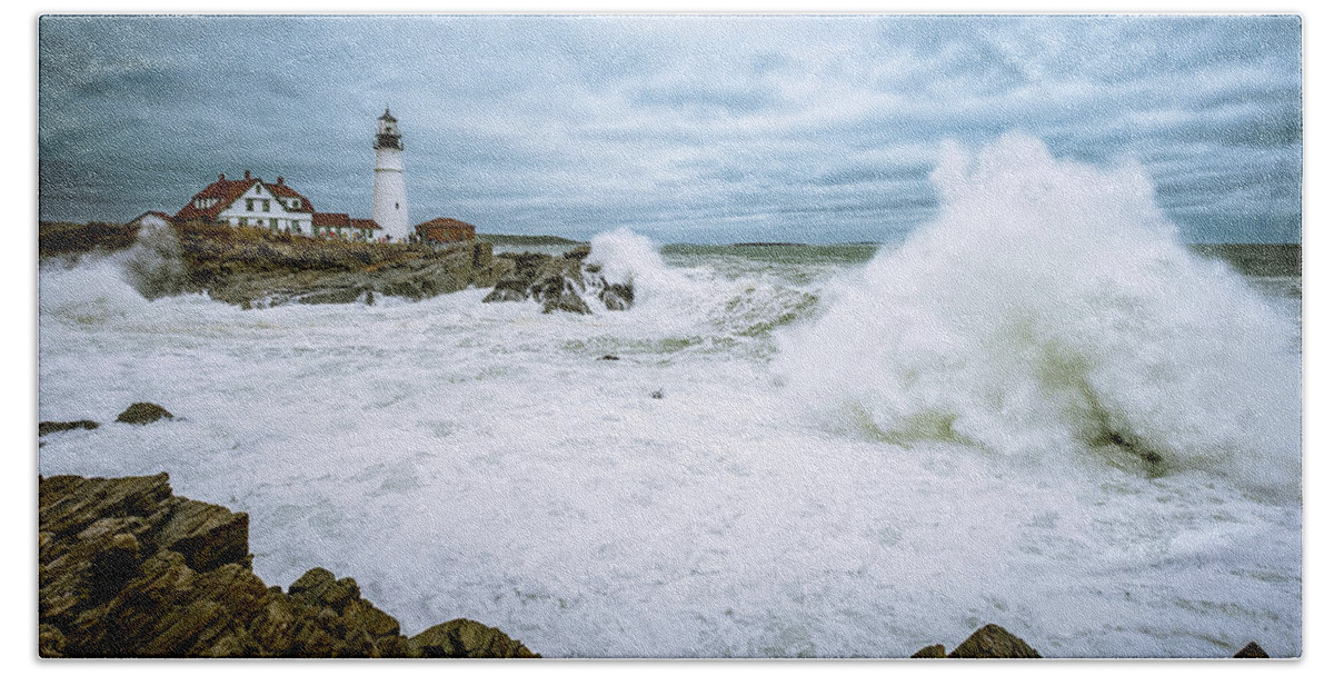 Atlantic Ocean Bath Towel featuring the photograph The Power Of The Sea, Nor'easter Waves. by Jeff Sinon