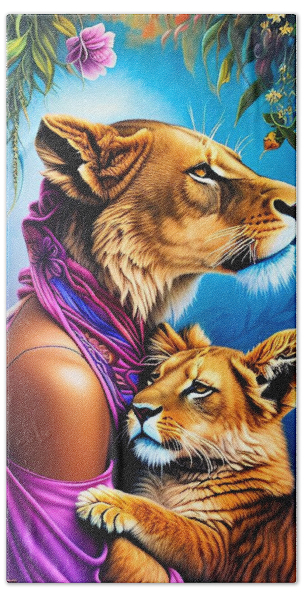 Lioness Hand Towel featuring the digital art A I The Protector and Defender by Denise F Fulmer
