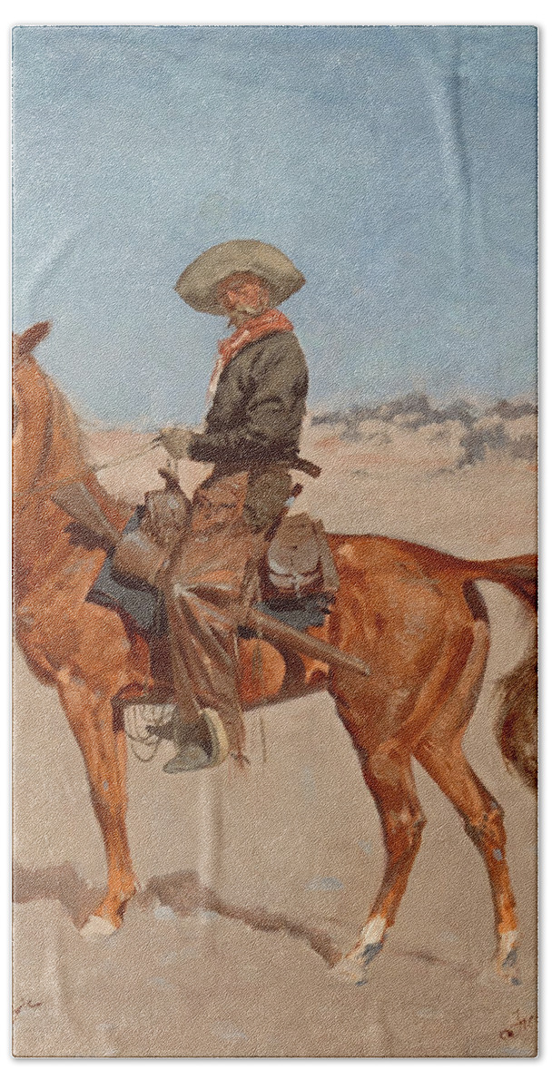 Frederic Remington Bath Towel featuring the painting The Puncher by Frederic Remington