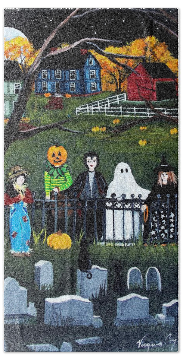Full Moon Hand Towel featuring the painting The Purrfect Halloween by Virginia Coyle