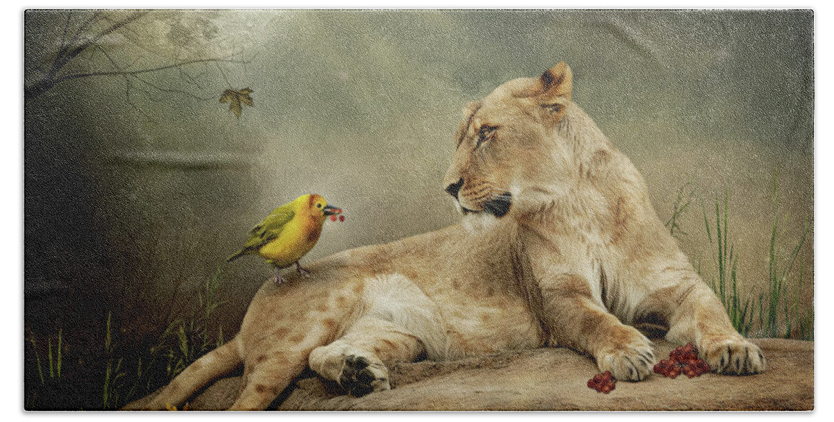 Lioness Bath Towel featuring the digital art The Queen of the Savannah by Maggy Pease