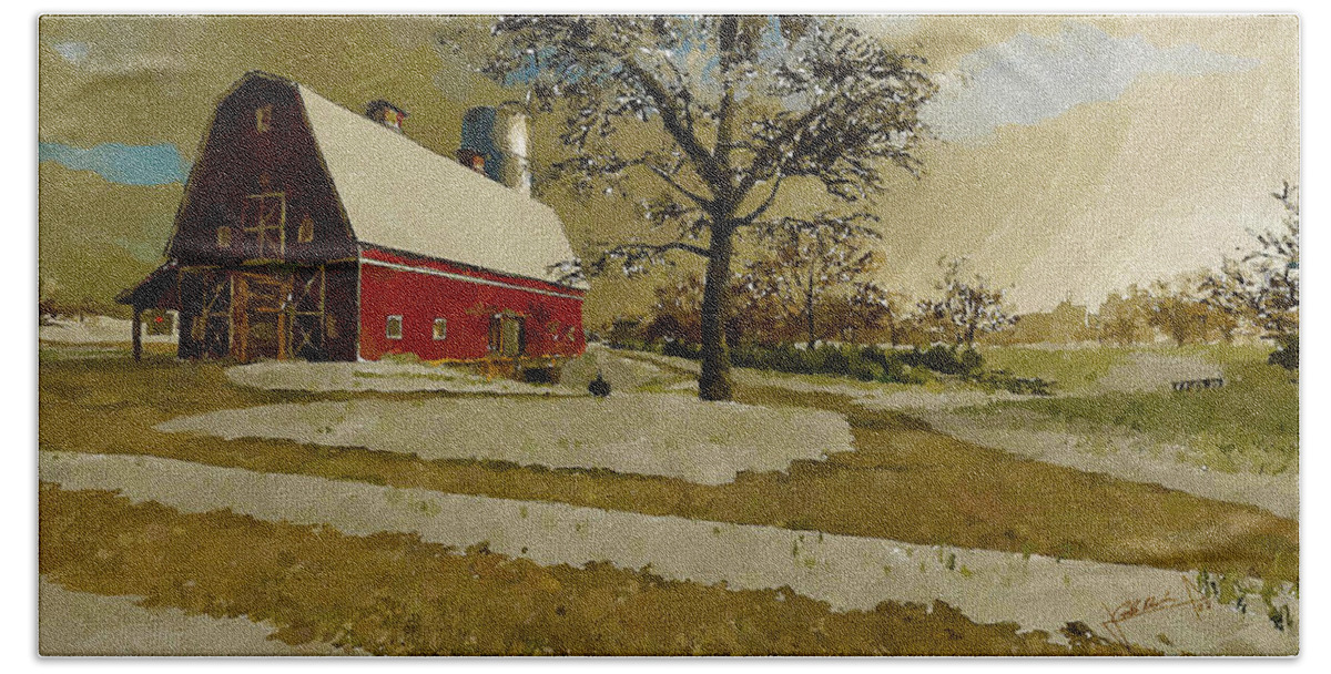 Winter Bath Towel featuring the painting The Red Barn by Charlie Roman