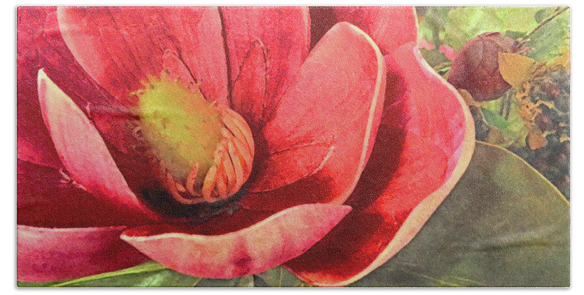 Still Life Hand Towel featuring the mixed media The Red Blossom by Sharon Williams Eng