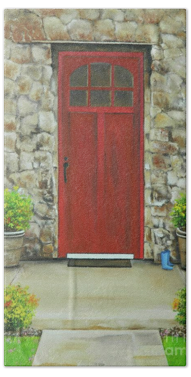 Jamaica Art Bath Towel featuring the painting The Red Door by Kenneth Harris