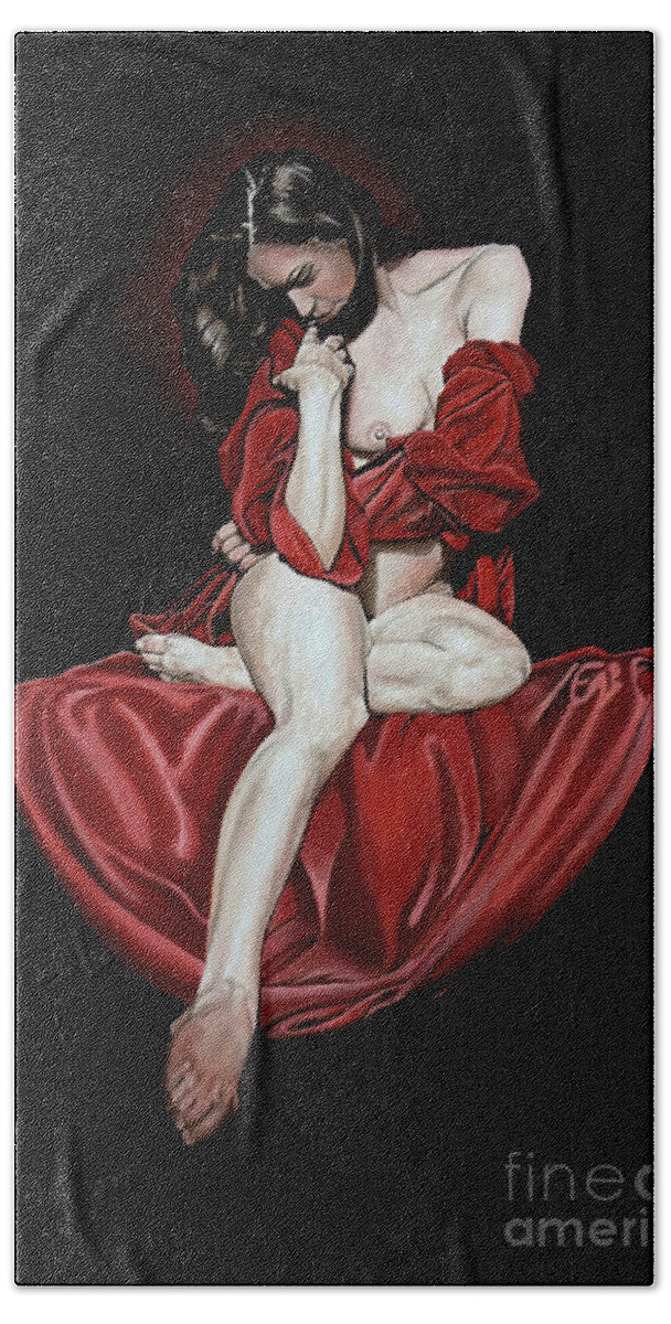 Red Robe Bath Towel featuring the painting The Red Robe by Gordon Palmer