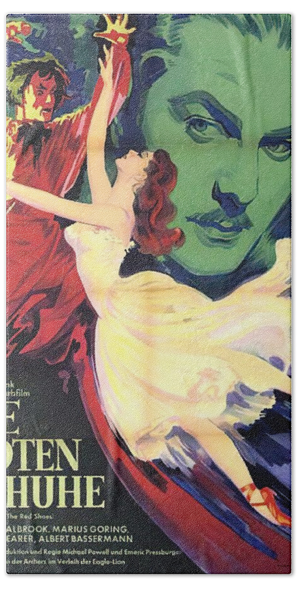 Boris Bath Towel featuring the mixed media ''The Red Shoes'', 1948 - art by Boris Streimann by Movie World Posters