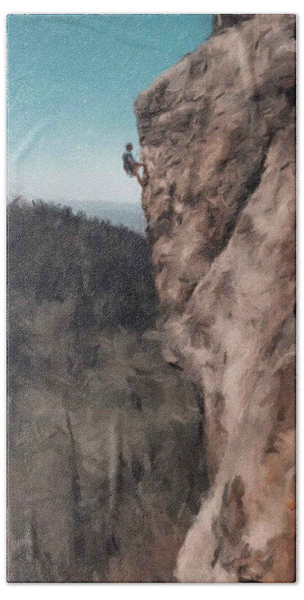 Rock Climbing Hand Towel featuring the painting The Rock Climber by Gary Arnold