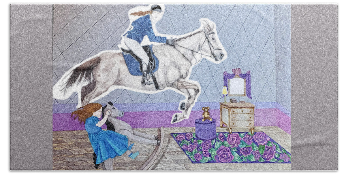 Equestrian Bath Towel featuring the drawing The Rocking Horse by Equus Artisan