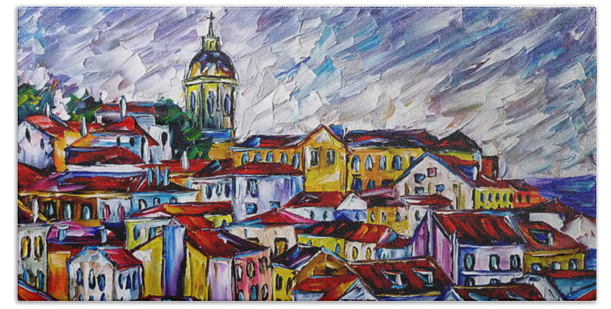 Lisbon From Above Bath Towel featuring the painting The Roofs Of Lisbon by Mirek Kuzniar