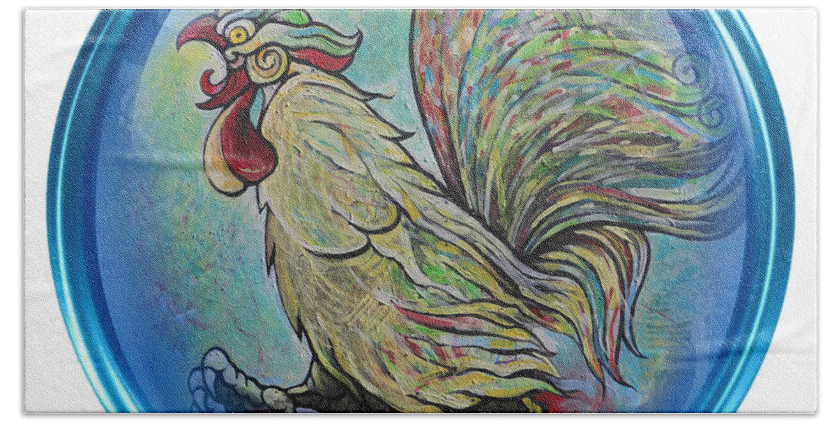 The Rooster Bath Towel featuring the painting the Rooster by Tom Dashnyam Otgontugs