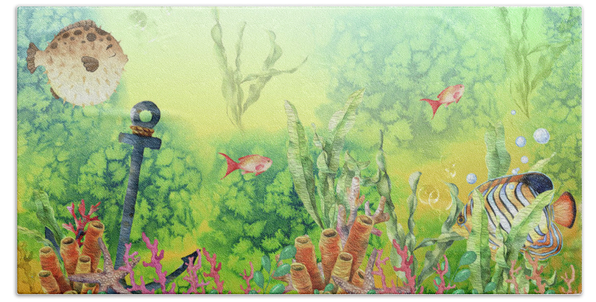 Underwater Hand Towel featuring the mixed media The Royal Angelfish Swims To A New Coral Reef by Johanna Hurmerinta