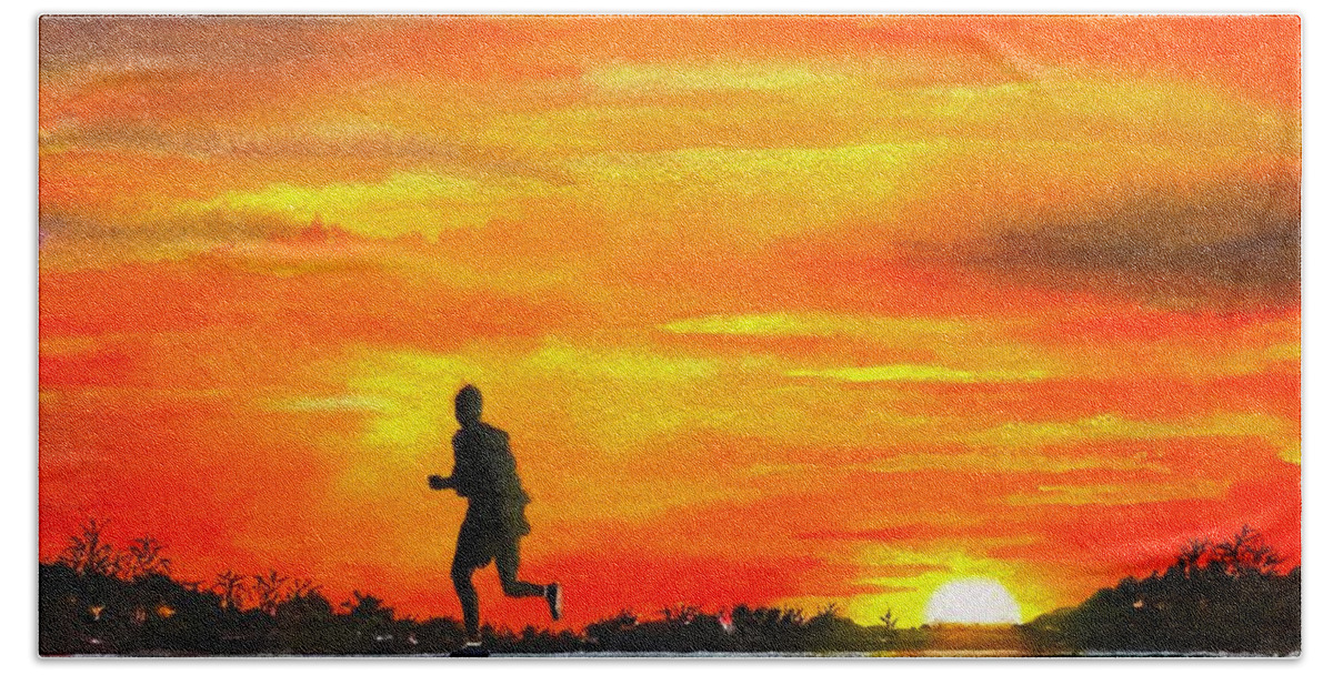 Running Bath Towel featuring the painting The Runner by Joseph Burger